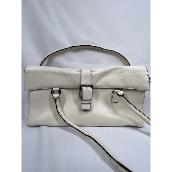 BCBG Cream Beige Purse Shoulder Bag Buckle Accent 3 Compartment Leather - Picture 2 of 16